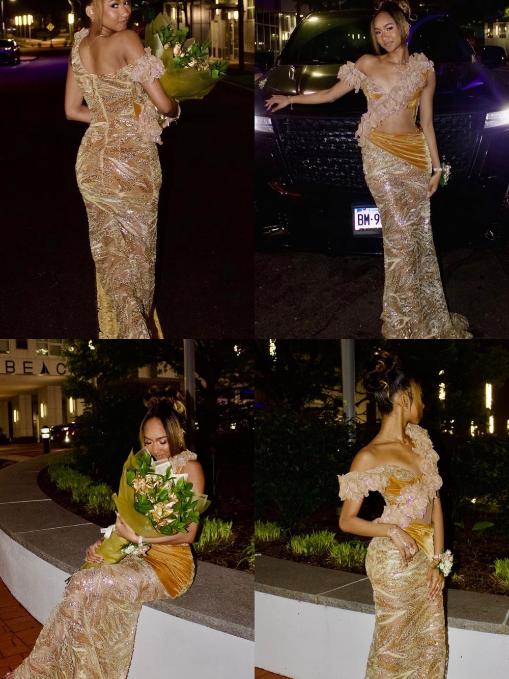One-Shoulder Gold Beaded Mermaid Prom Gown